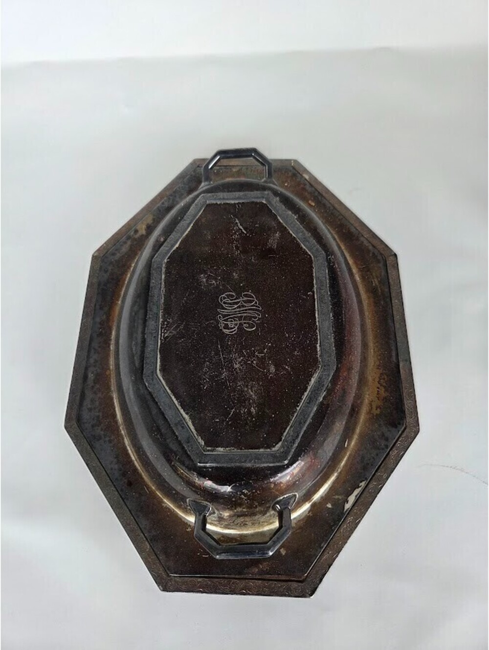 Vintage Silver Plated Serving Dish with Lid Monogram Engraved Ornate Handles